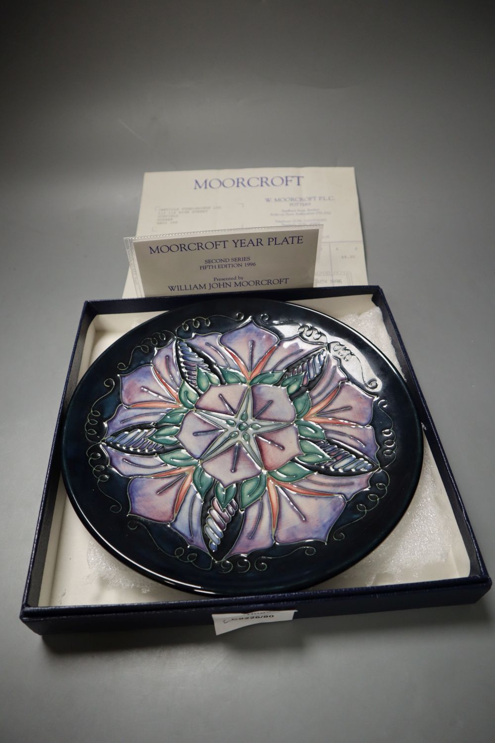 A Moorcroft 1996 year plate, Morning Glory, second series, fifth edition, designed by Rachel Bishop,